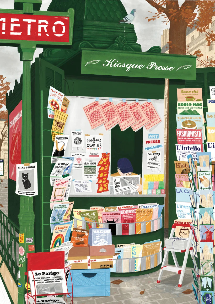 Ilustración del puzzle Le Kiosque con un quiosco de prensa verde junto al metro de París, lleno de revistas y periódicos.