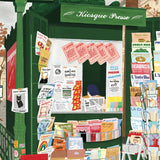 Ilustración del puzzle Le Kiosque con un quiosco de prensa verde junto al metro de París, lleno de revistas y periódicos.