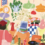 Ilustración del puzzle Le Lèche-Vitrine con un escaparate retro lleno de lámparas, plantas, textiles y objetos decorativos de colores.