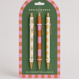 Set de tres bolígrafos A Dopo Garden con estampados botánicos y detalles dorados.
