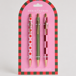 Set de tres bolígrafos A Dopo Pink con estampados ilustrados en tonos rosa y detalles dorados.