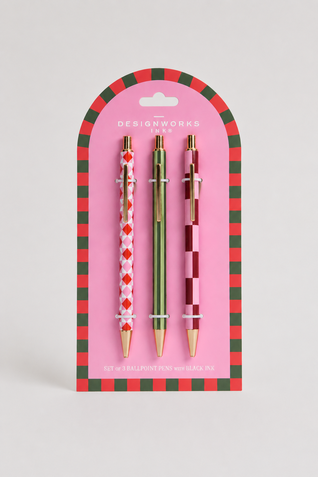 Set de tres bolígrafos A Dopo Pink con estampados ilustrados en tonos rosa y detalles dorados.