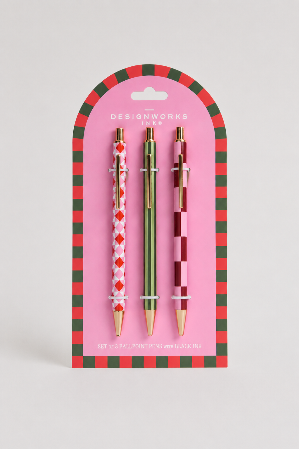 Set de tres bolígrafos A Dopo Pink con estampados ilustrados en tonos rosa y detalles dorados.