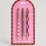 Set de tres bolígrafos A Dopo Pink con estampados ilustrados en tonos rosa y detalles dorados.