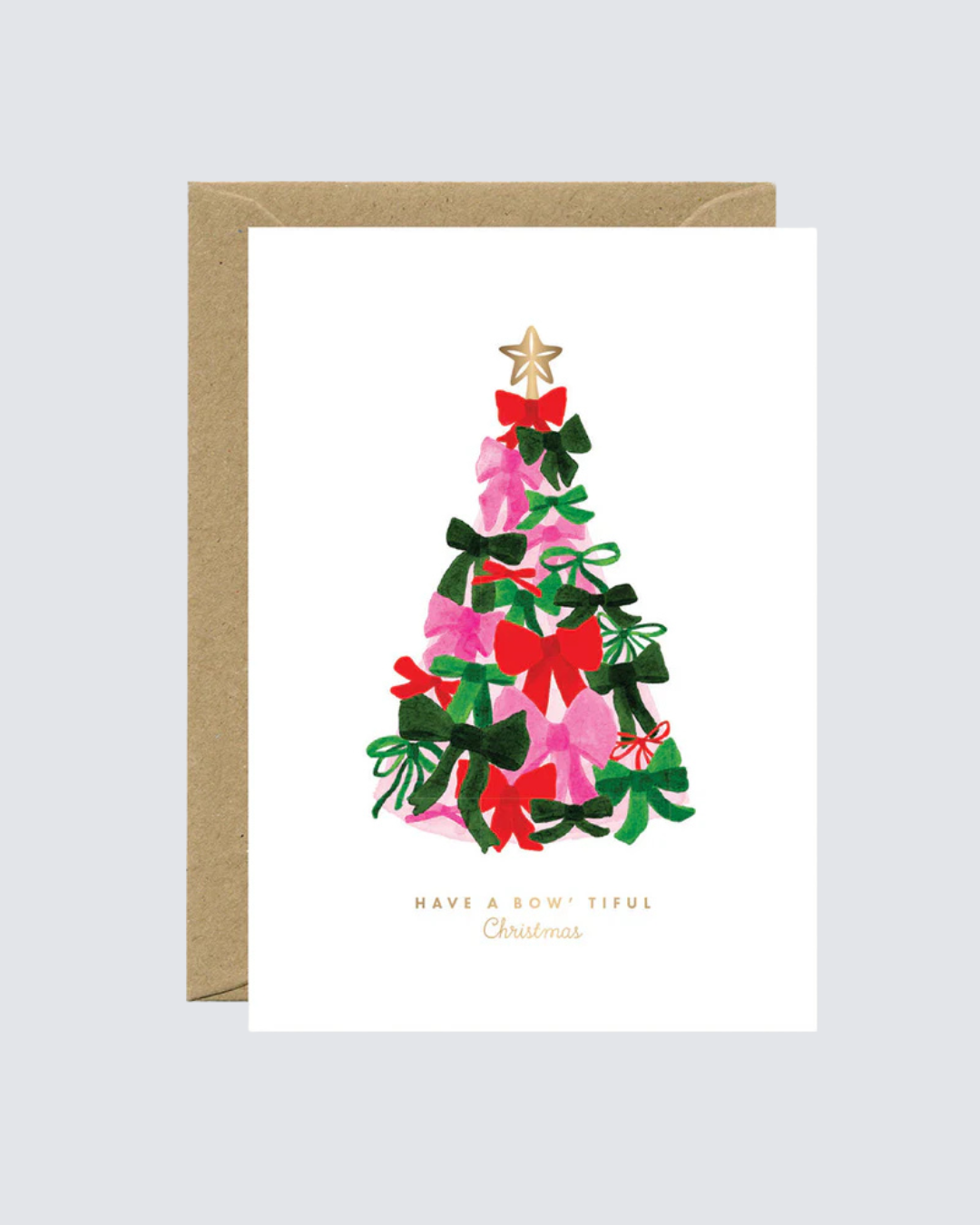 Tarjeta navideña con ilustración de árbol formado por lazos de colores.