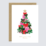 Tarjeta navideña con ilustración de árbol formado por lazos de colores.