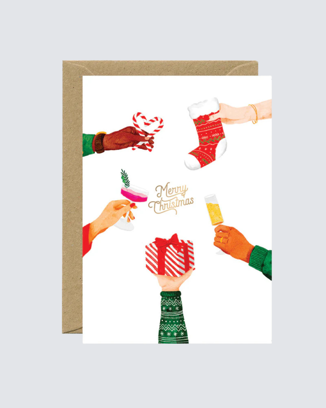 Tarjeta navideña con ilustración de manos brindando con copa, regalo y calcetín.