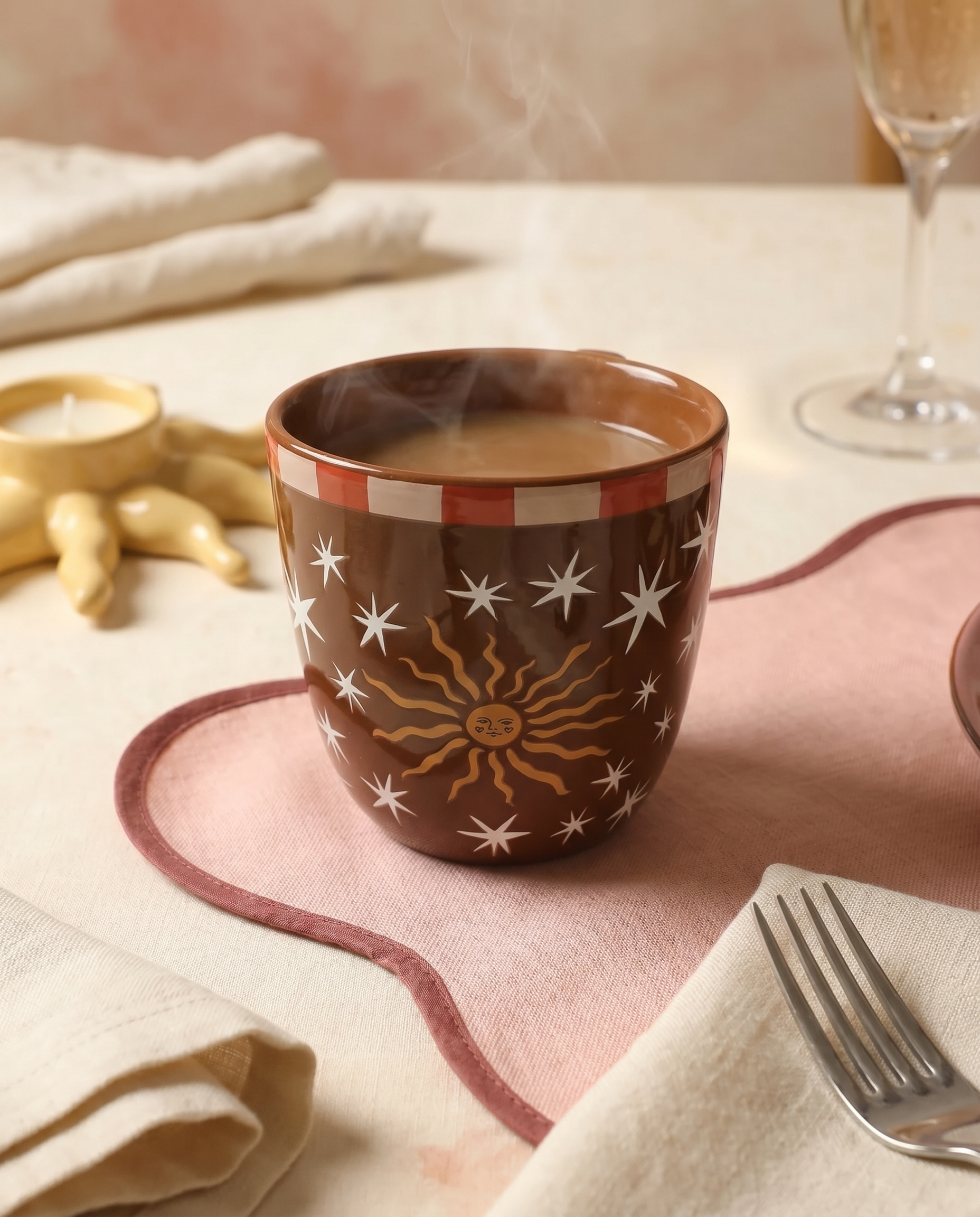 Taza de cerámica marrón con ilustración de un sol y estrellas sobre una mesa.