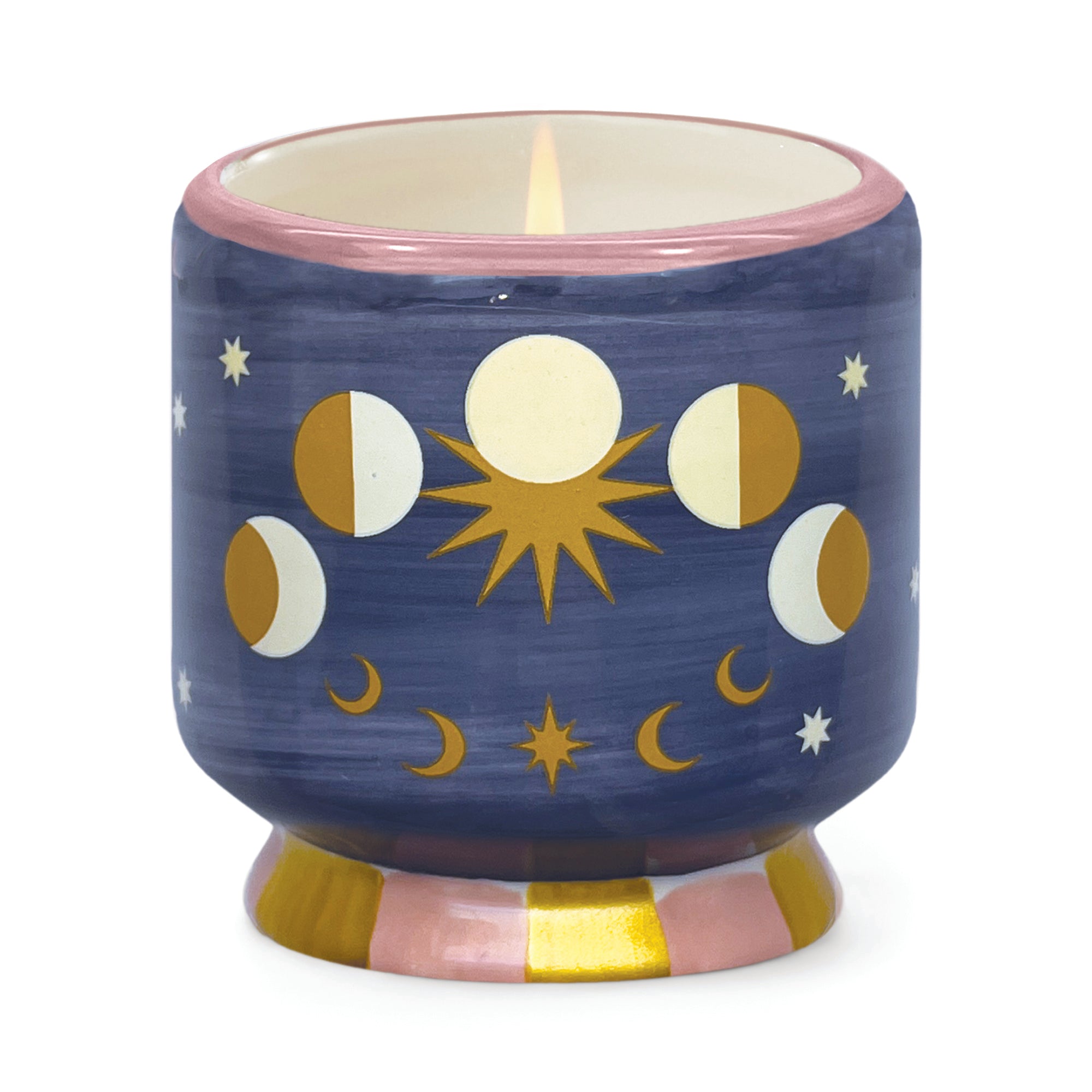 Vela en cerámica pintada a mano con fases lunares doradas y base rosa con rayas.
